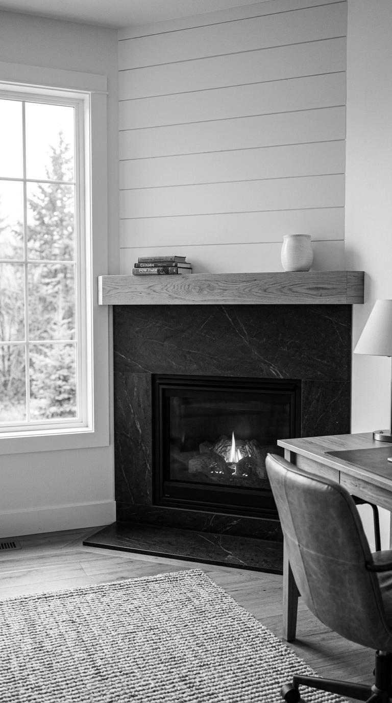 Black and white fireplace with a honed black soapstone surround and a thick white oak floating mantel