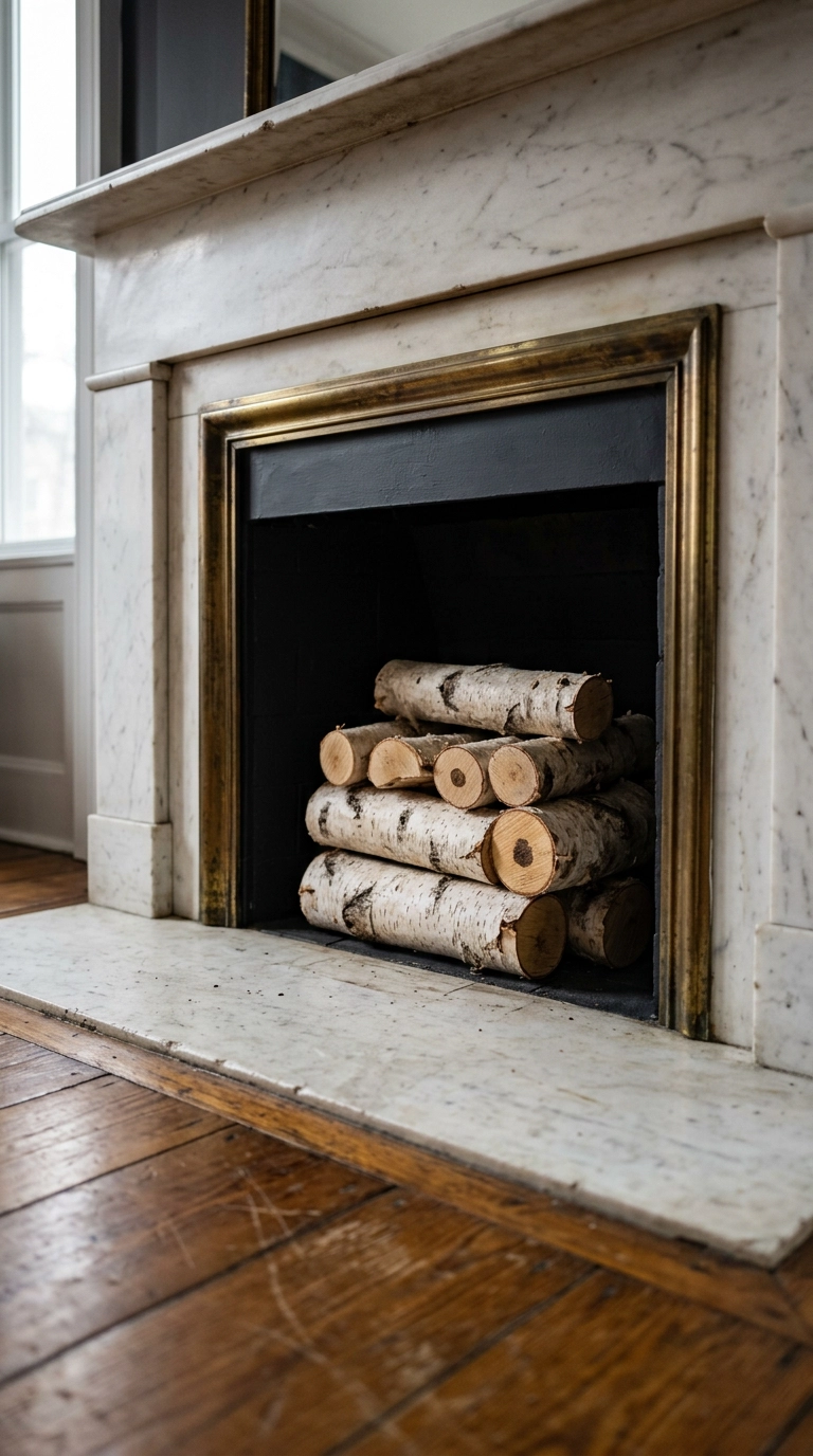 Black and white fireplace with a non-working firebox stacked with white birch logs