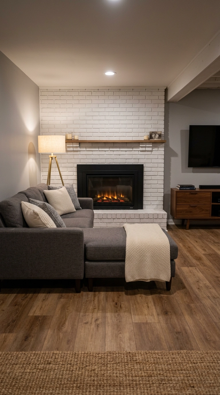 Black and white fireplace with a black framed electric insert glowing inside a white painted brick surround