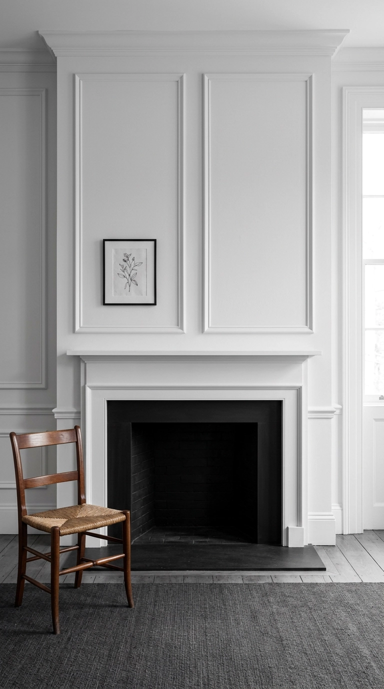 Black and white fireplace with white picture frame wall molding panels above the mantel
