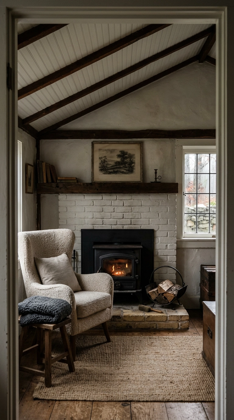 Black and white fireplace with whitewashed brick and a black cast iron insert with a small flame