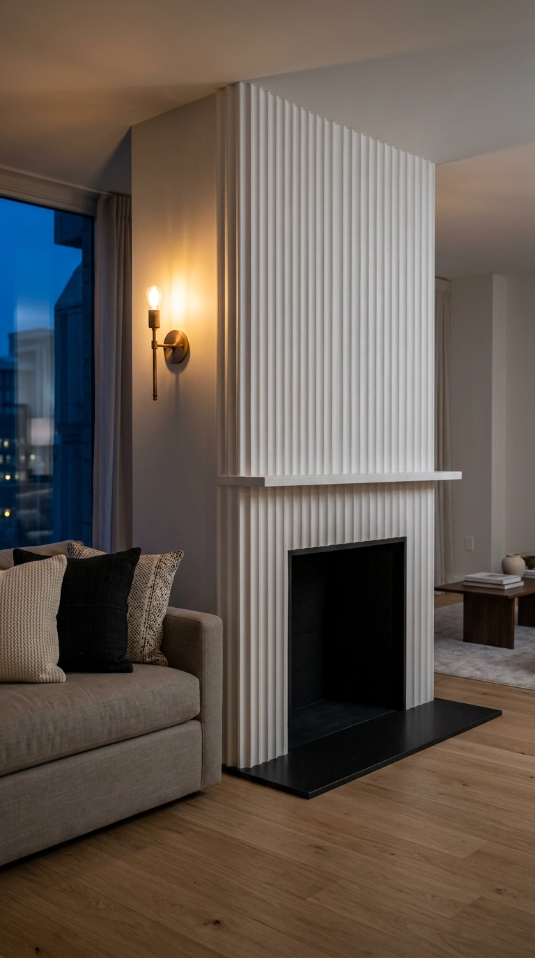 Black and white fireplace with a vertical fluted white plaster surround and a black granite hearth