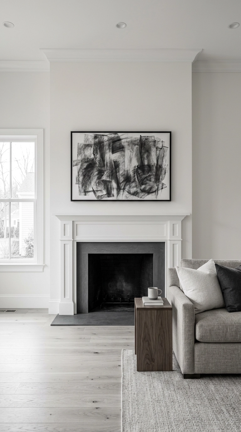 Black and white fireplace with one oversized charcoal artwork sized to two-thirds of the mantel width