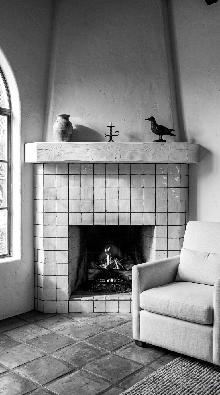 Black and white fireplace tiled in handmade white square tile with dark charcoal grout lines