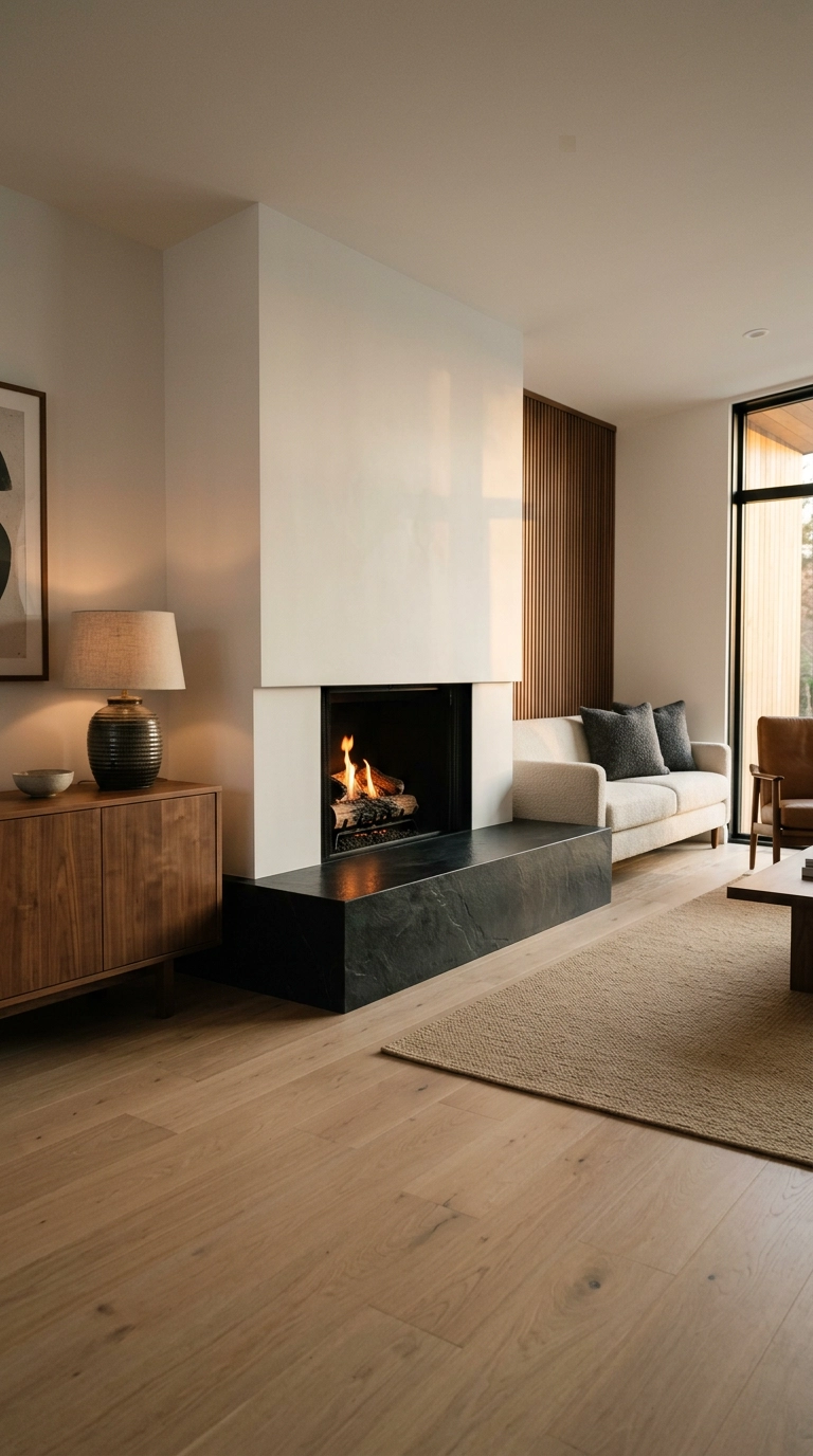 Black and white fireplace with a single honed black slate hearth slab set flush into white oak floors