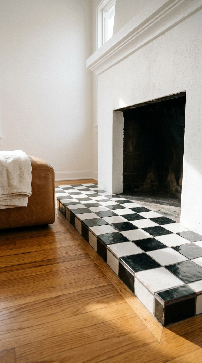 Black and white fireplace with a checkerboard tiled hearth extension in a bungalow den