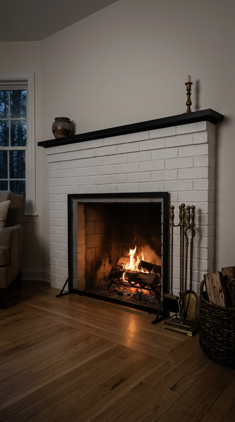 Black and white fireplace with a flat black mesh screen, brass tools and a log basket on the hearth