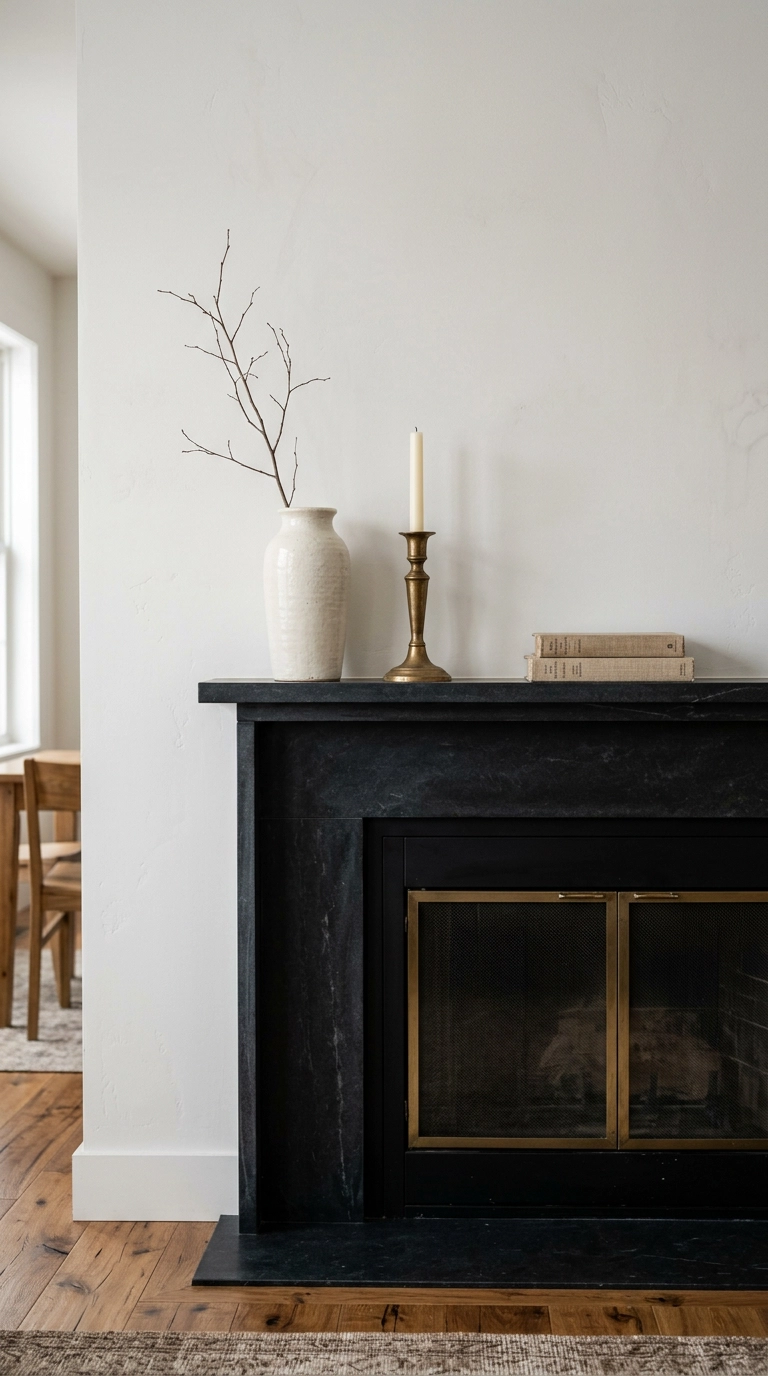 Black and white fireplace mantel styled with three objects at varied heights and wide gaps