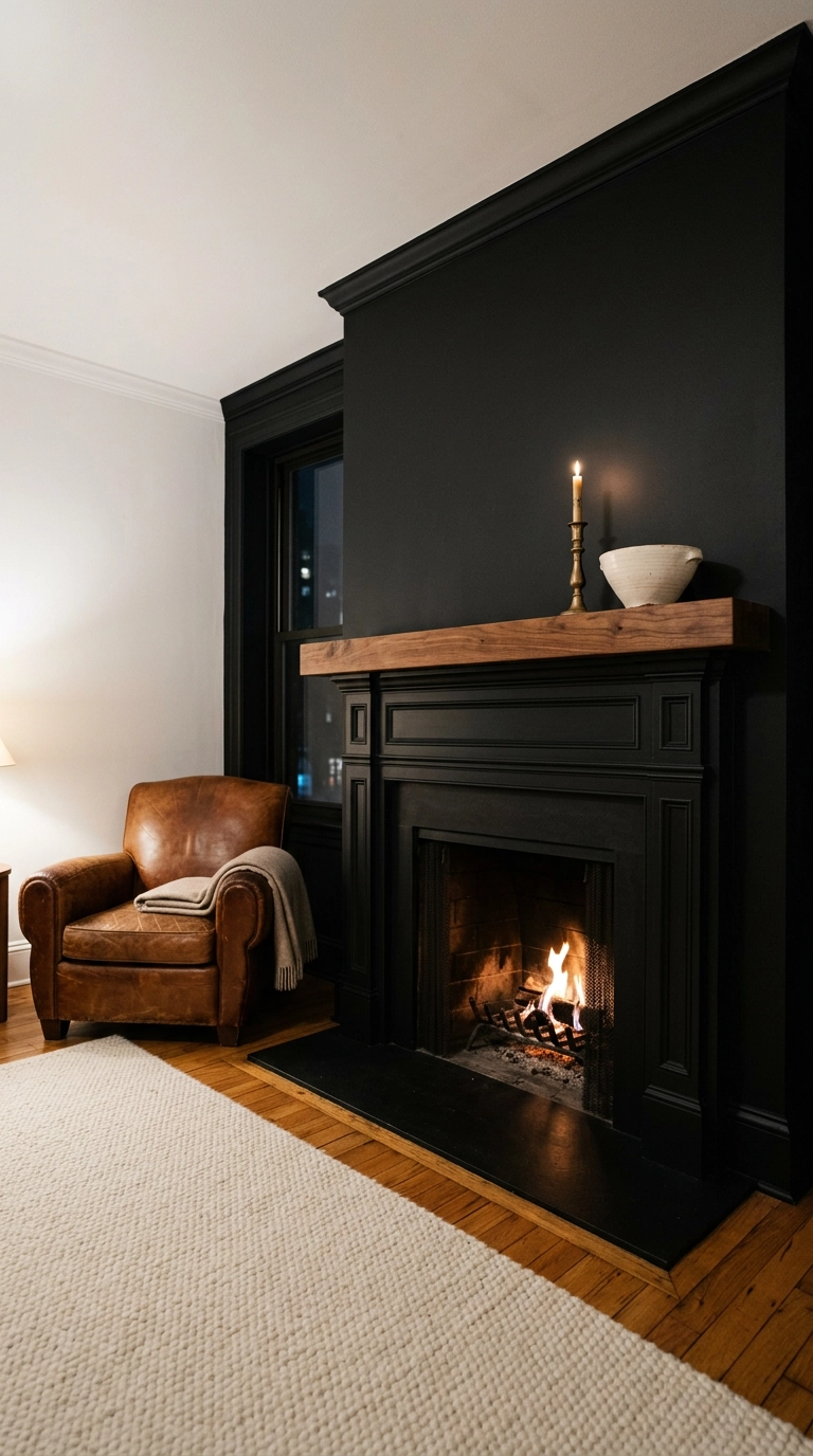 Black and white fireplace with an entire chimney breast color drenched in matte black against white walls