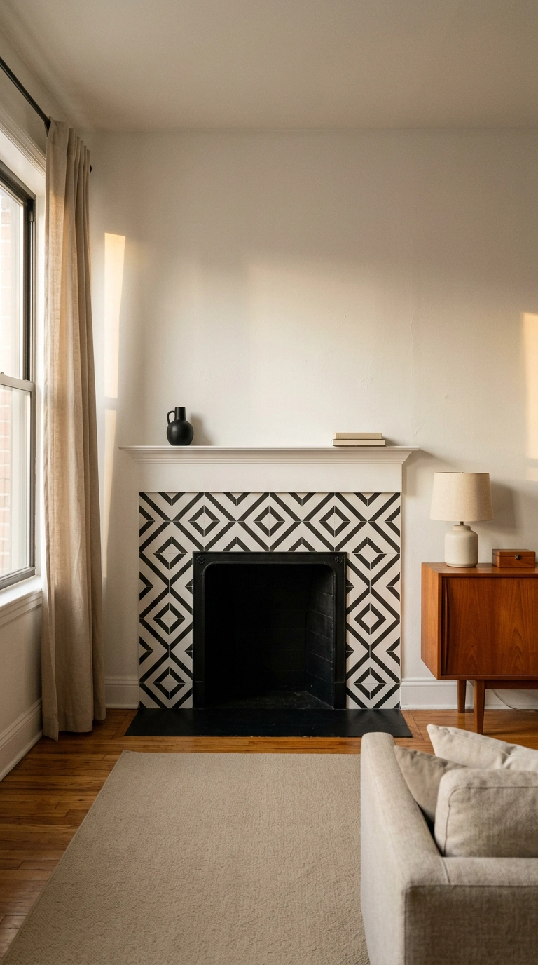 Black and white fireplace surround updated with removable peel and stick geometric tile in a rental