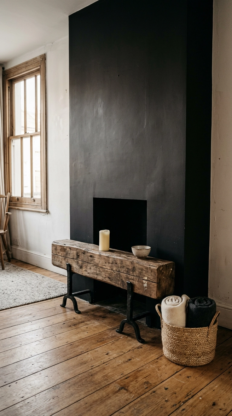 Black and white fireplace with a reclaimed wood mantel beam leaned on iron floor brackets instead of mounted