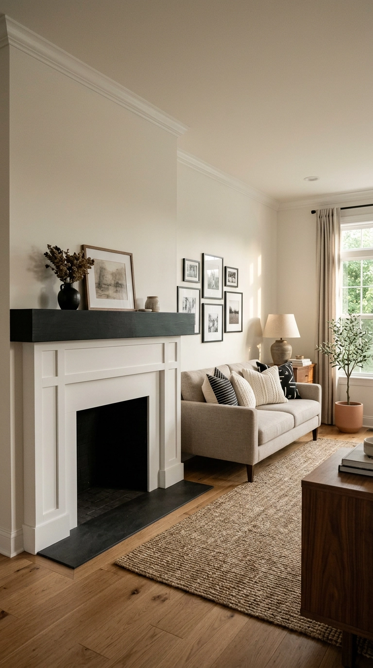 Black and white fireplace with a white painted surround and a contrasting matte black mantel shelf