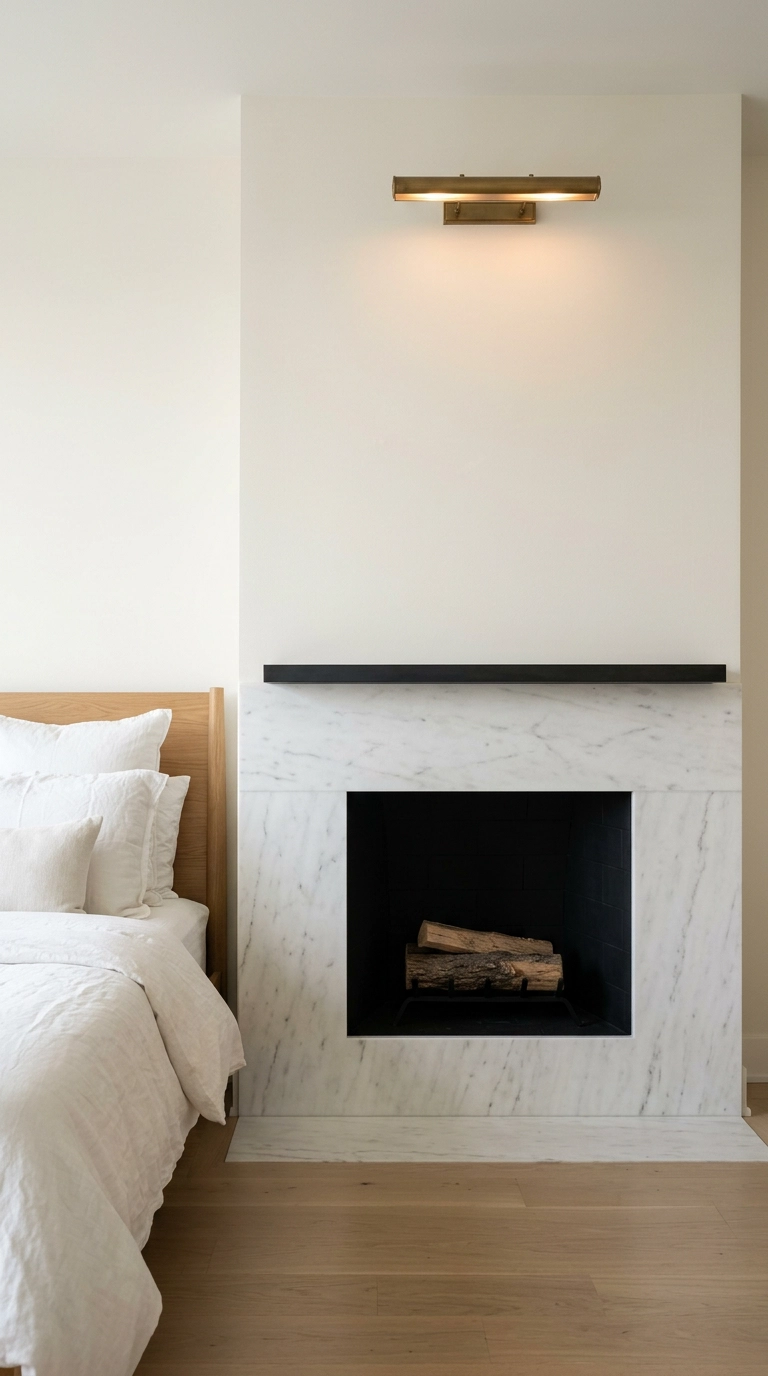 Black and white fireplace with a honed white marble slab surround and a slim blackened steel mantel