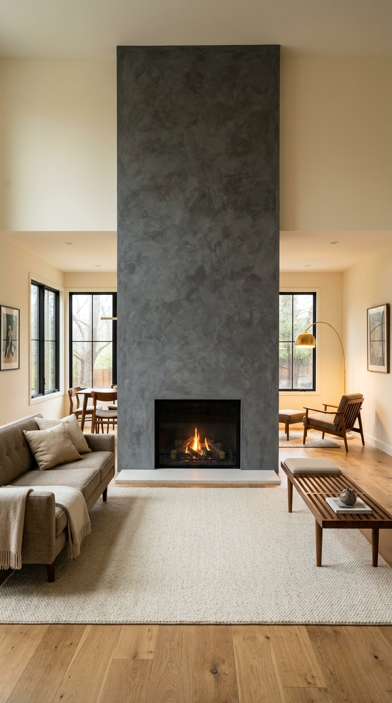 Black and white fireplace with a soft charcoal hand-troweled plaster chimney breast and no mantel