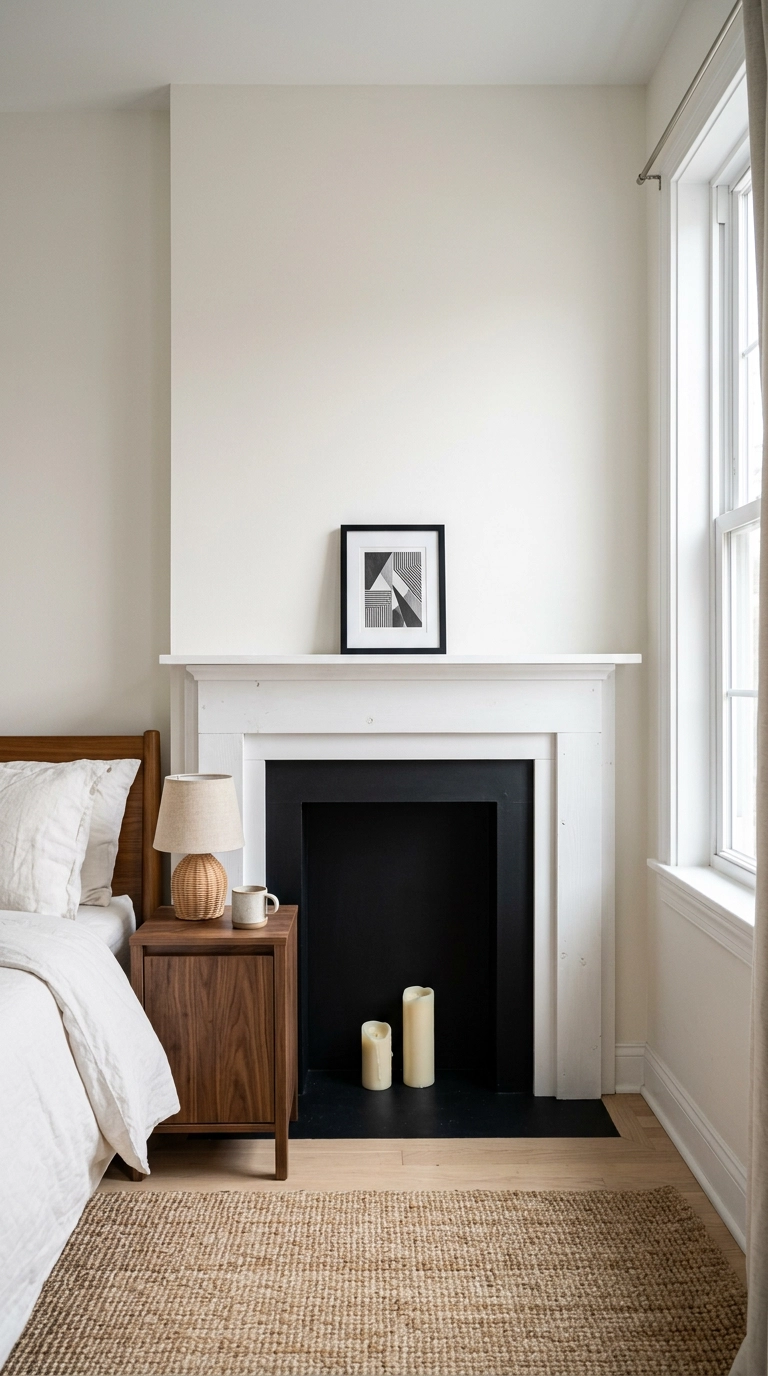 Black and white faux fireplace built from trim boards on a blank bedroom wall in a rental