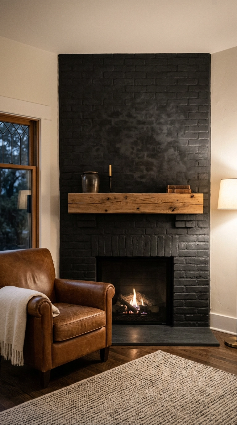 Black and white fireplace with a matte black limewashed brick surround and a raw white oak mantel beam