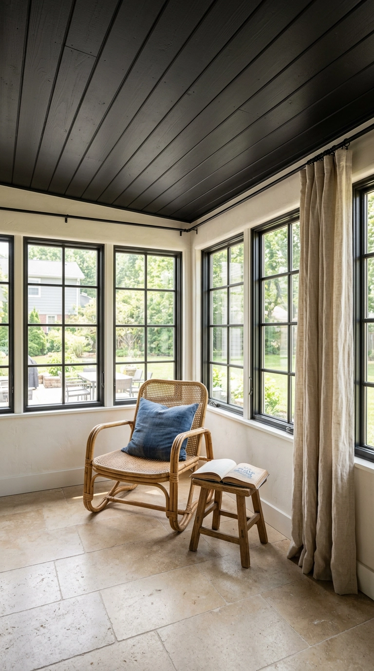 Sunroom with a matte black shiplap ceiling, cream plaster walls, rattan chair and limestone floor
