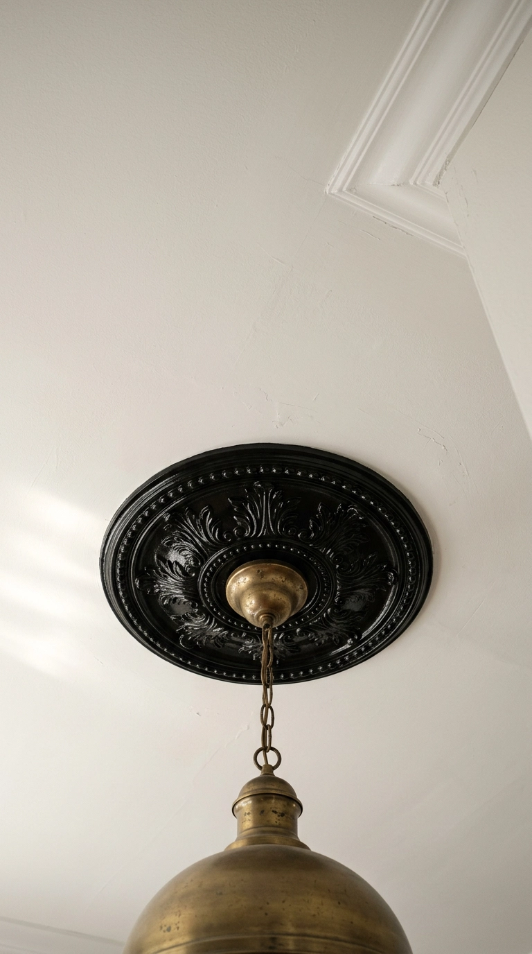 Glossy black painted ceiling medallion around a brass dome pendant on a white bungalow ceiling