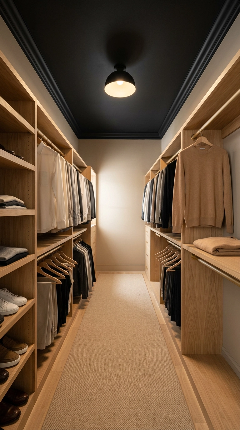 Walk-in closet with a matte black ceiling, greige walls, white oak rods and a camel wool runner