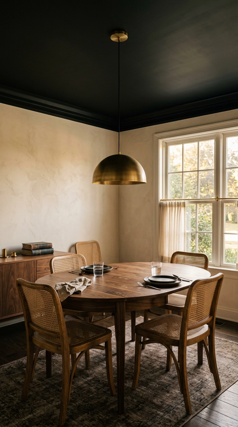 Formal dining room with a flat black ceiling, cream plaster walls, walnut table and a single brass dome pendant