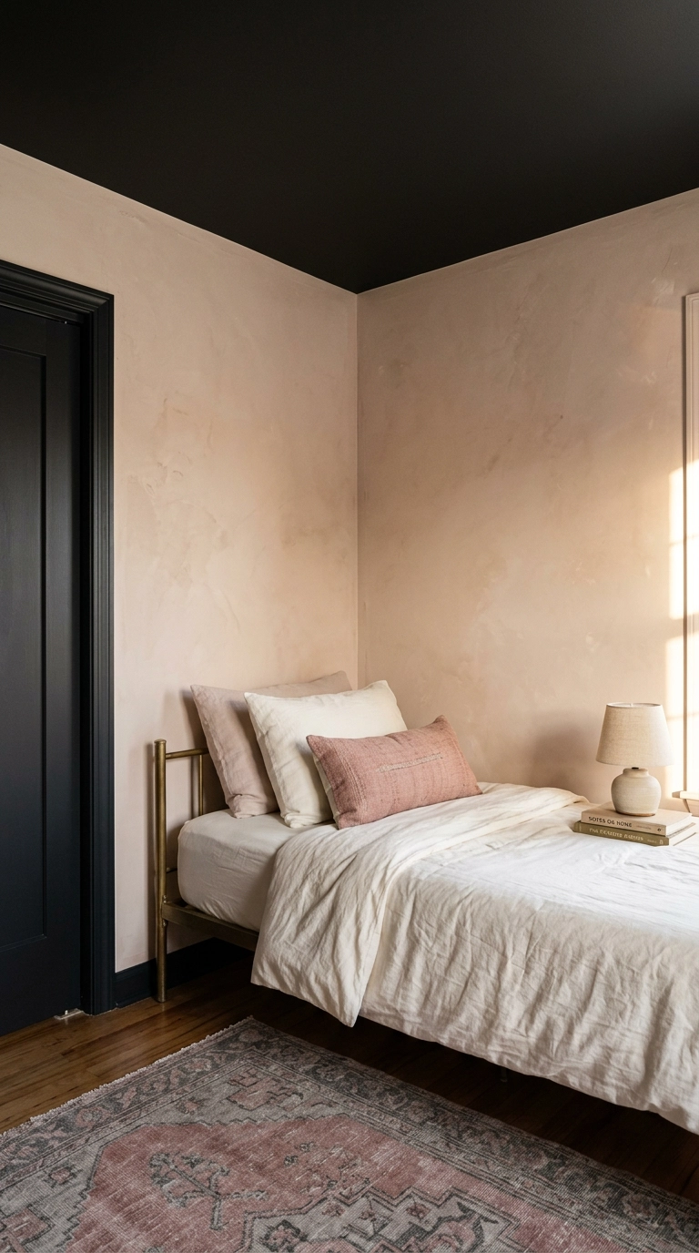 Former nursery turned guest room with a soft black ceiling, blush beige walls and a brass daybed