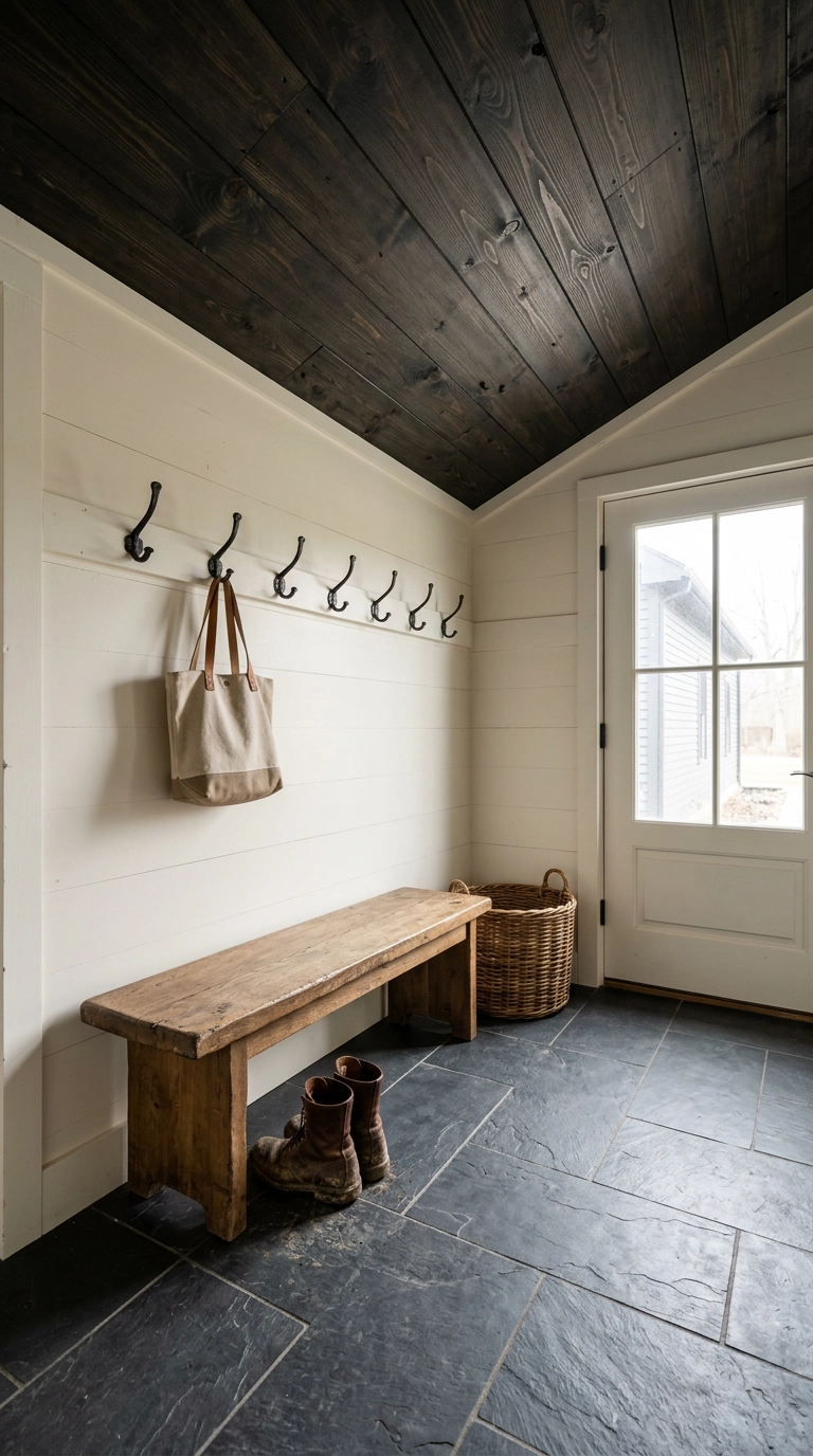 Mudroom with a near-black stained plank ceiling, white shiplap walls, slate floor and an oak bench
