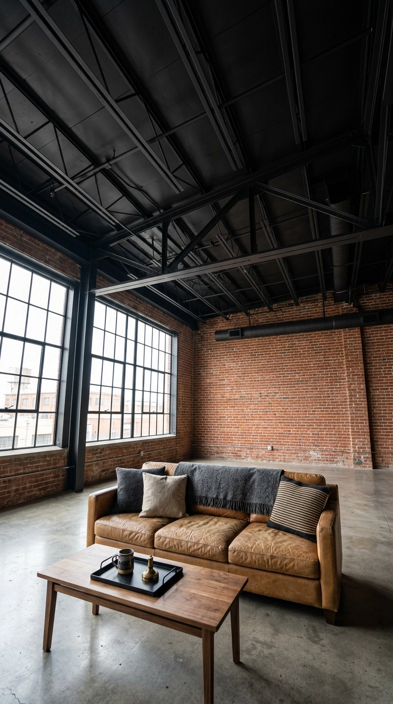 Loft apartment with a flat black ceiling and painted steel joists above brick walls and a tan leather sofa