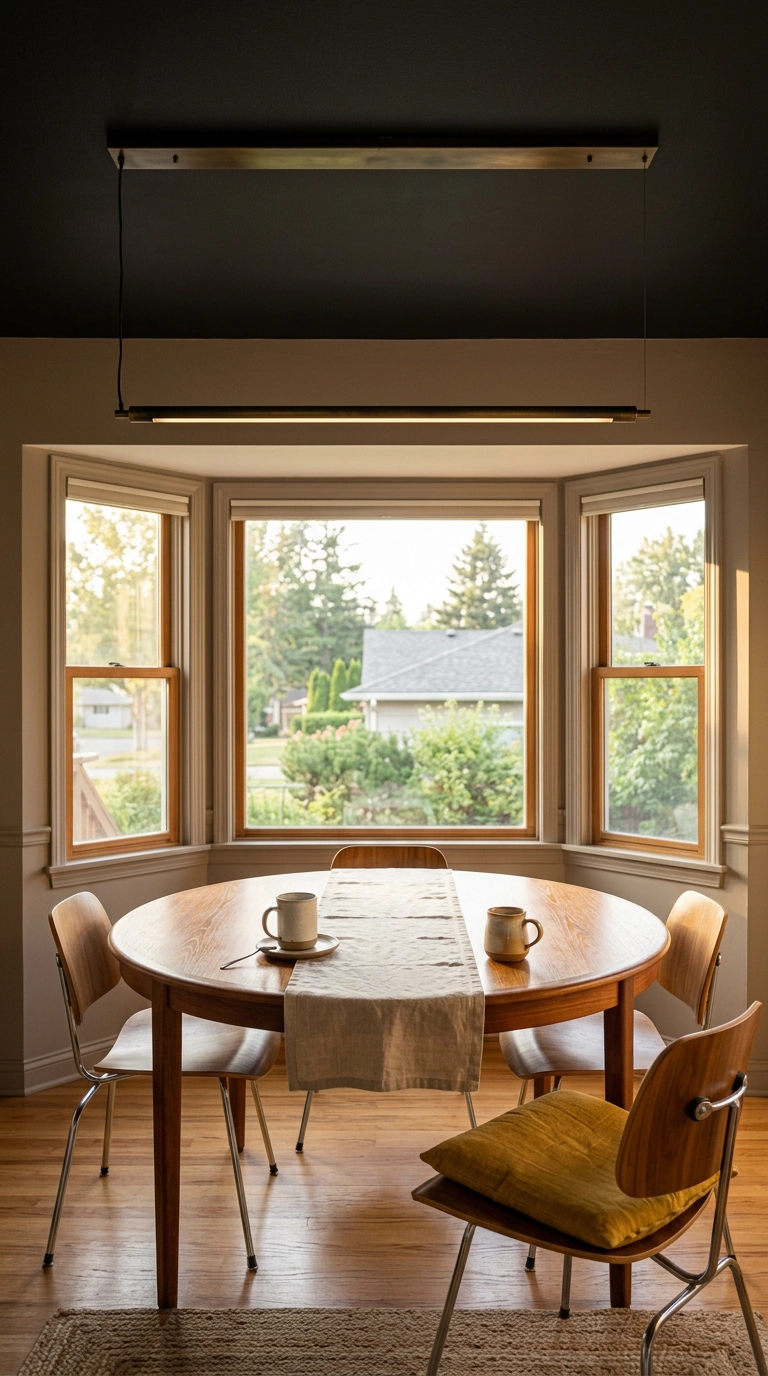 Breakfast nook with a matte black ceiling, taupe walls, teak oval table and a long linear pendant