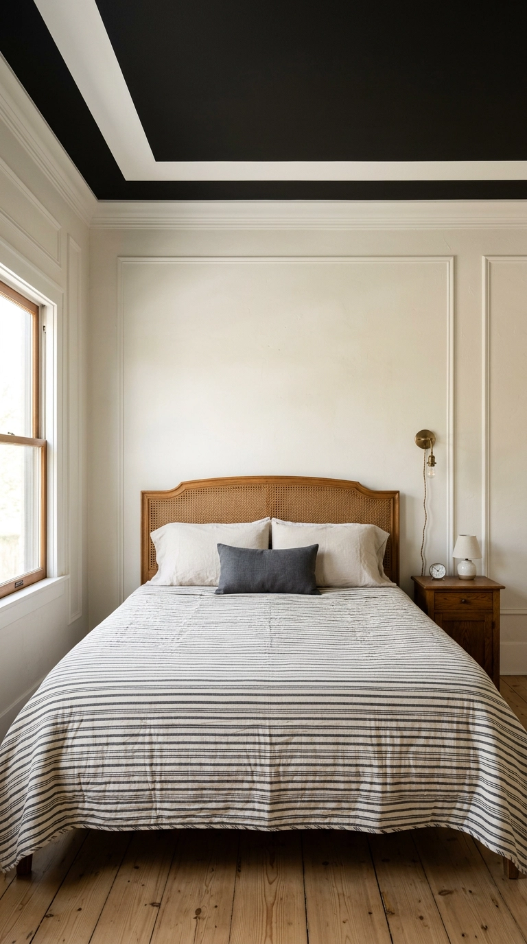 Guest bedroom with a black ceiling framed by a white border, cane headboard and striped charcoal quilt
