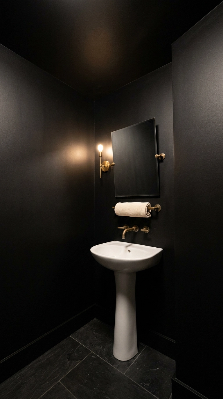 Small guest bathroom drenched in matte black on ceiling walls and trim with a white pedestal sink and brass sconce