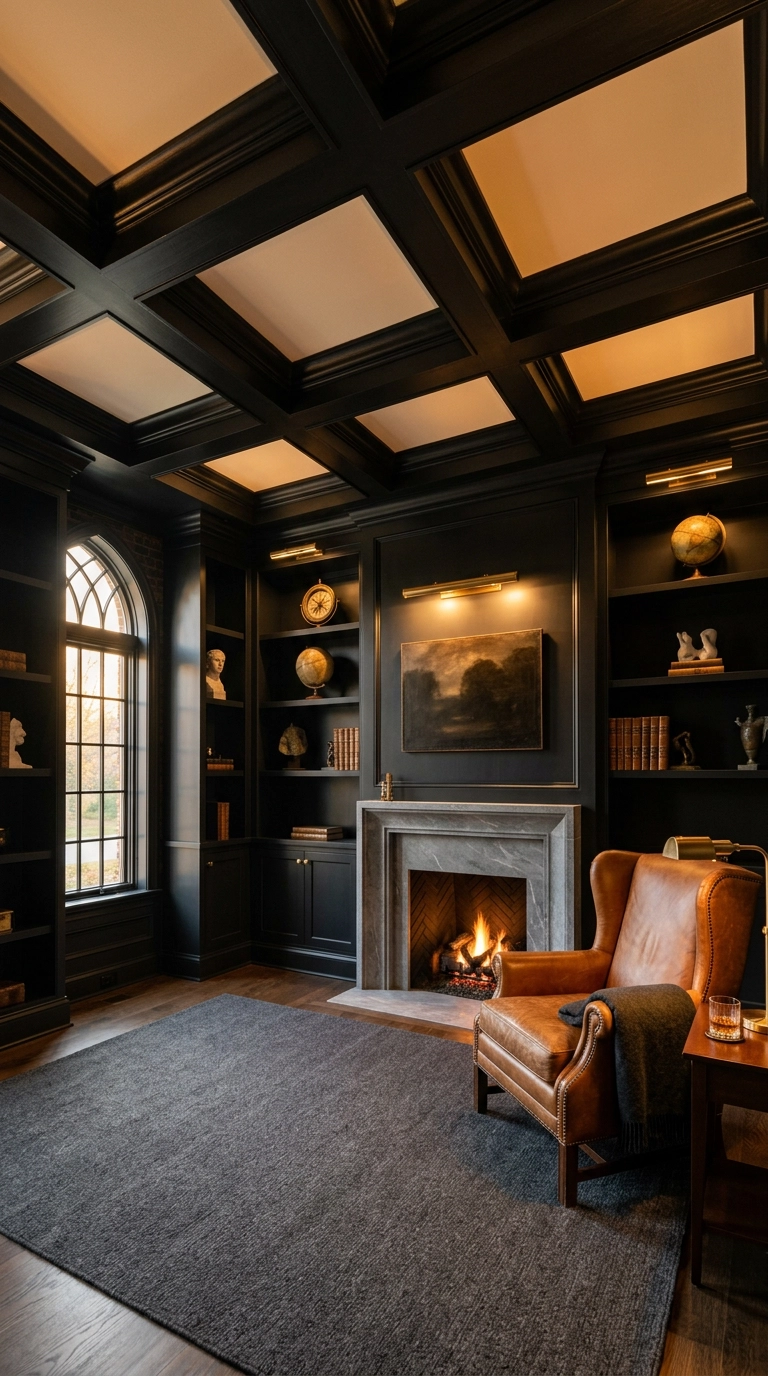 Library with a satin black coffered ceiling, black built-in shelves, cognac leather wingback and marble fireplace