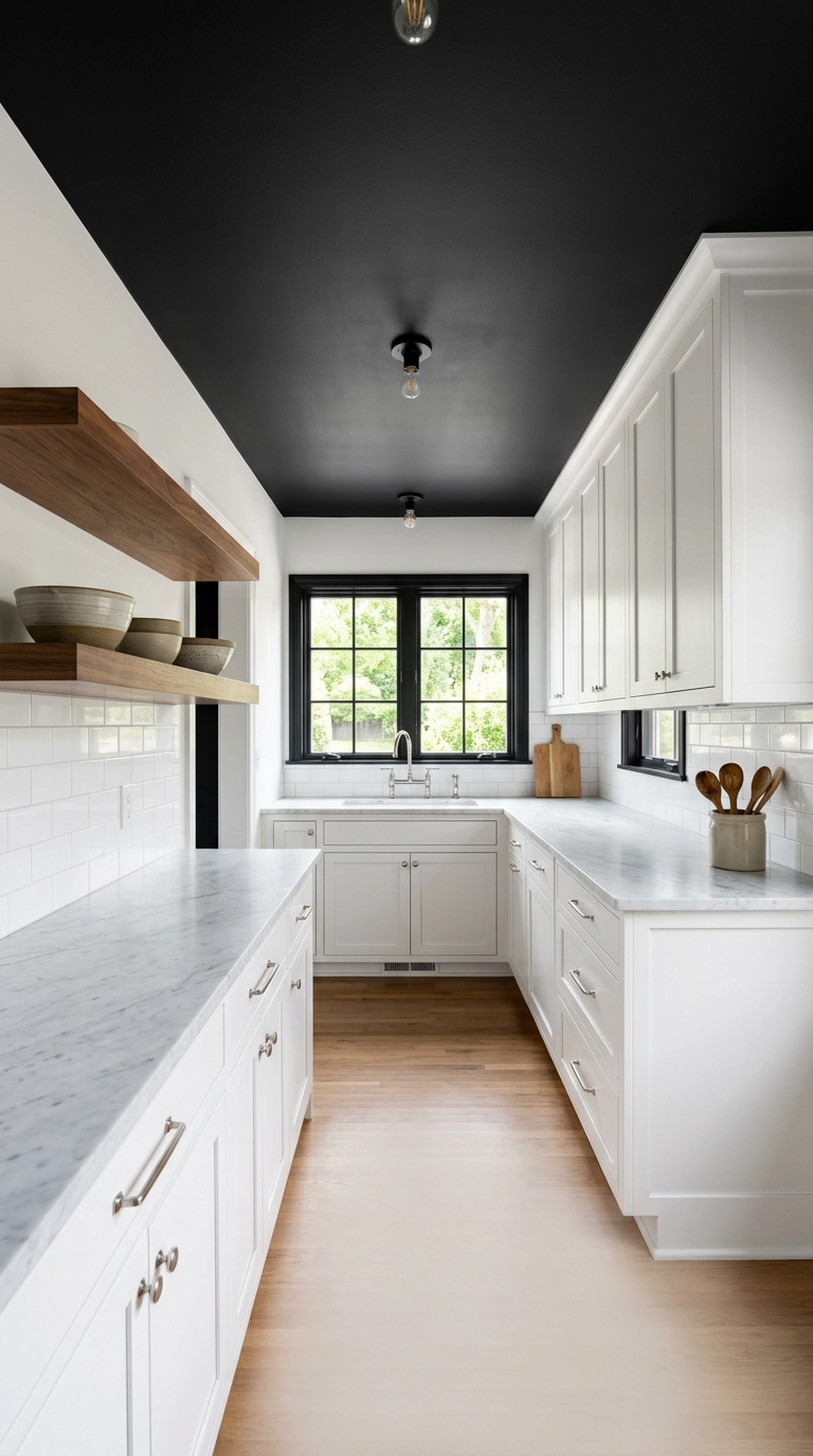 Galley kitchen with a flat black ceiling above white shaker cabinets, marble counters and a walnut shelf