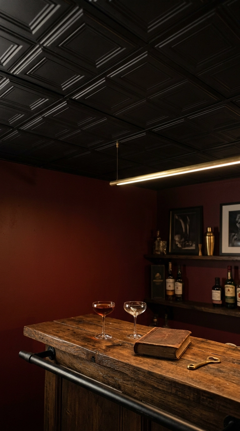 Basement bar with black tin-look ceiling tiles in a drop grid above an oak bar top and oxblood wall