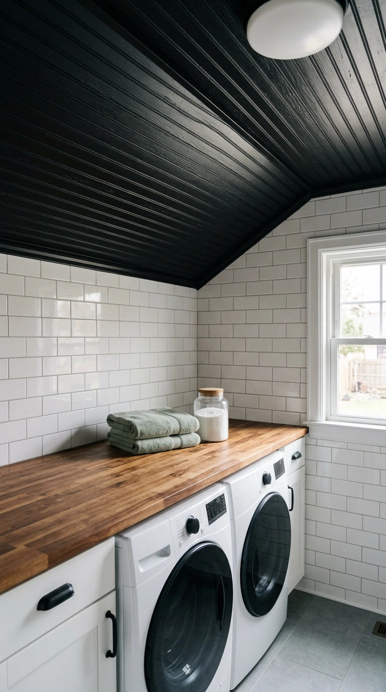 Laundry room with a black beadboard ceiling, white subway tile and a maple butcher block folding counter