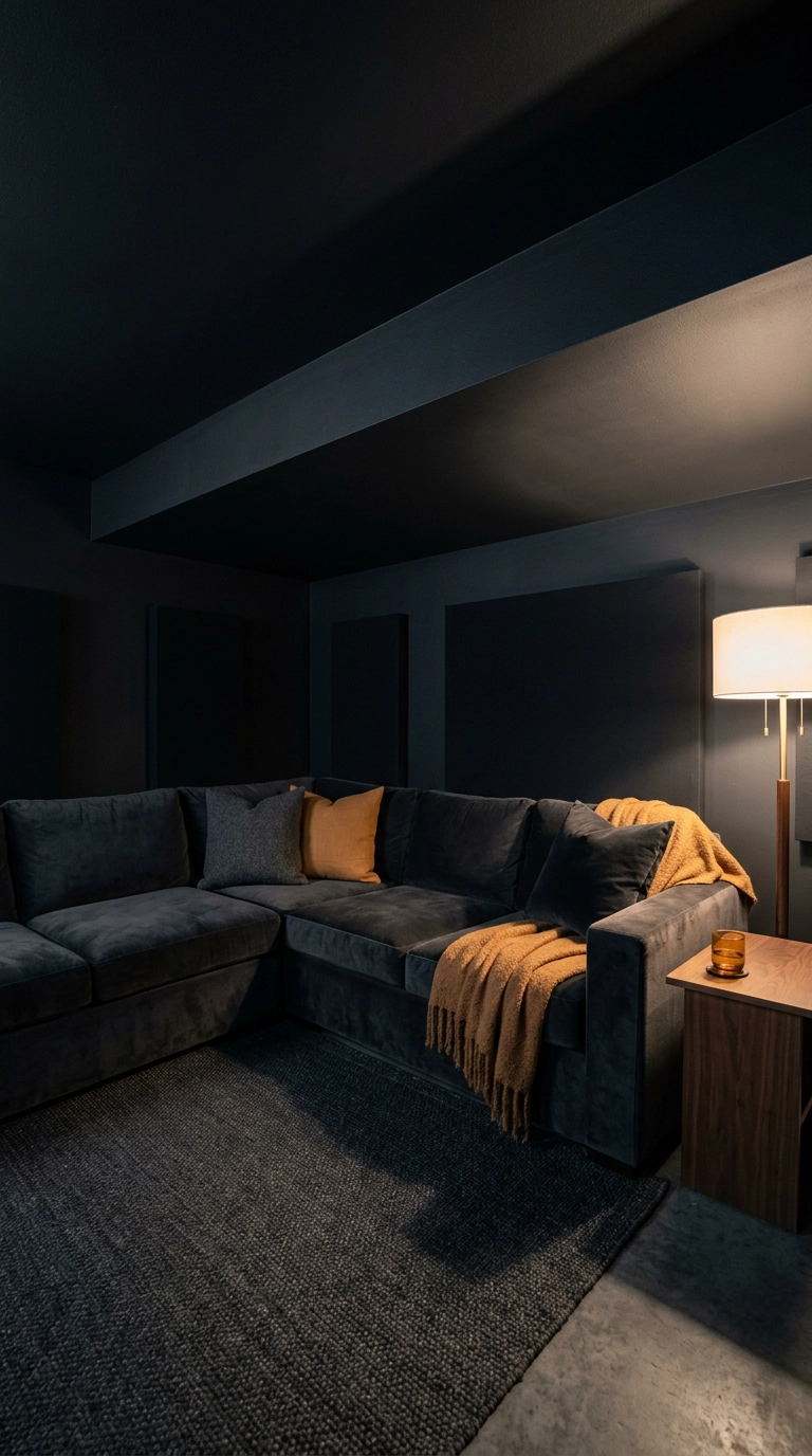 Basement media room with a dead-flat black ceiling and soffit, charcoal velvet sectional and a walnut side table