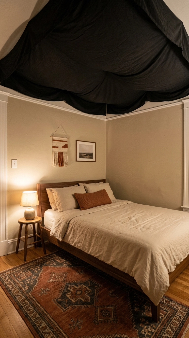 Rental guest bedroom with black fabric draped as a ceiling canopy above a walnut bed and ecru bedding