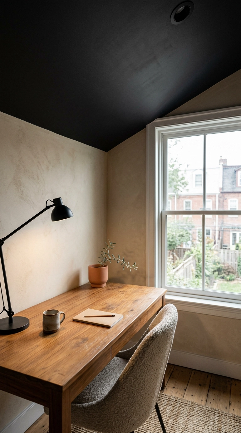 North-facing home office with a soft matte black ceiling, oatmeal plaster walls and a teak desk