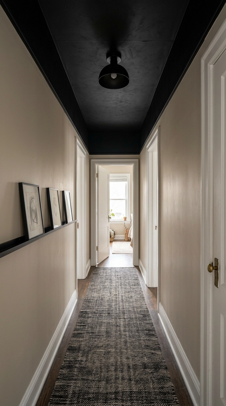 Rental hallway with removable black ceiling wallpaper above beige walls and a charcoal runner