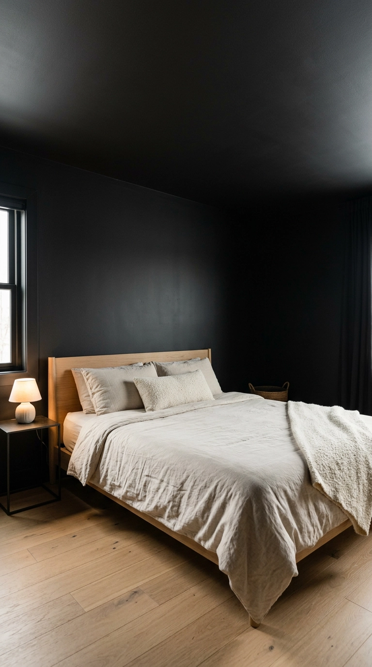 Primary bedroom color drenched in soft black on walls and ceiling with an oak platform bed and oatmeal linen bedding