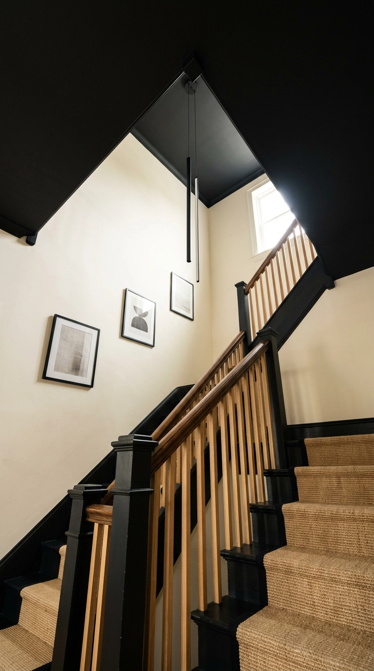 Two-story stairwell with a flat black ceiling, creamy white walls, sisal runner and a single linear pendant