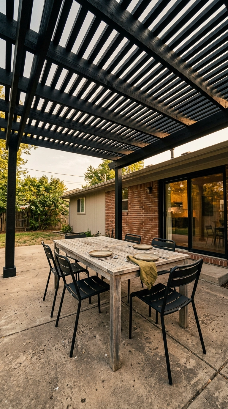 Patio dining area under a black-painted cedar pergola casting striped shadows on grey pavers