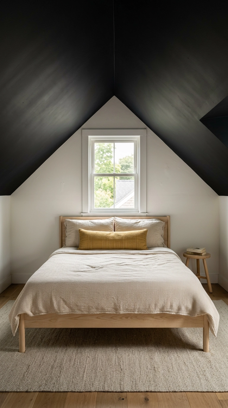 Attic bedroom with black sloped ceilings, white knee walls, pale ash bed and ecru waffle bedding under a dormer