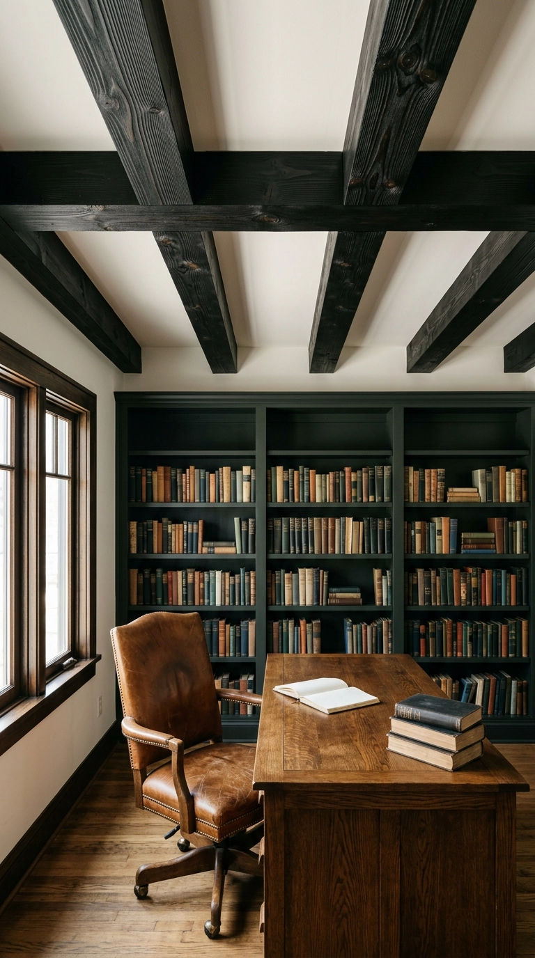 Home office with near-black faux beams on a white ceiling above an oak desk and dark green built-in bookcase
