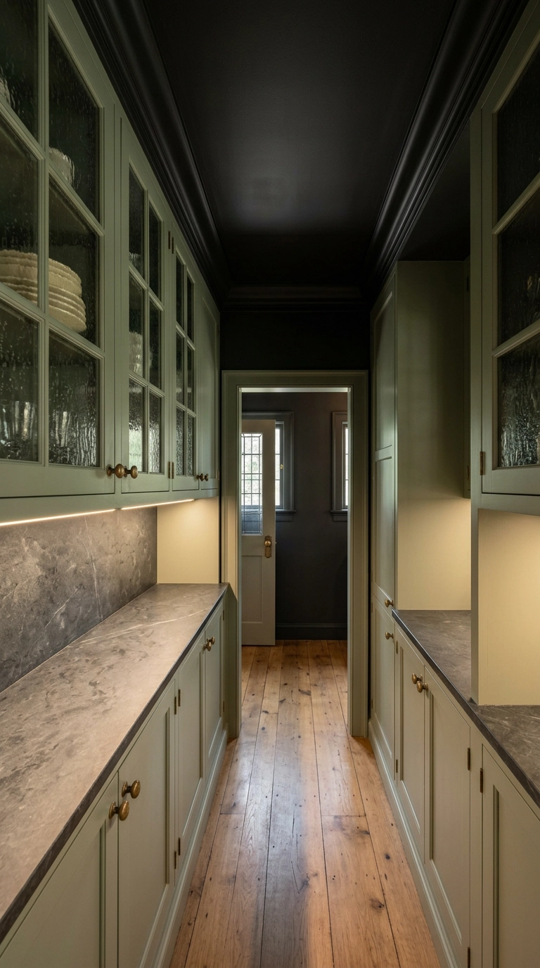Butler's pantry with a satin black ceiling, sage green cabinets, seeded glass doors and soapstone counter