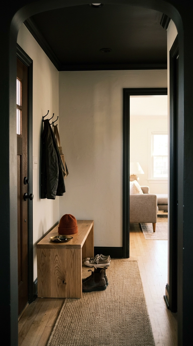 Small entry with a flat black ceiling and putty walls opening into a brighter living room beyond