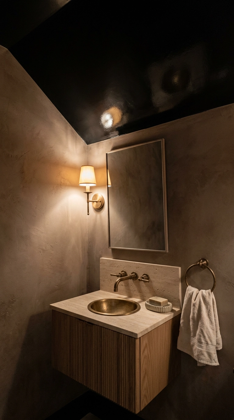 Small windowless powder room with a high-gloss black ceiling reflecting a brass sconce above a fluted oak vanity