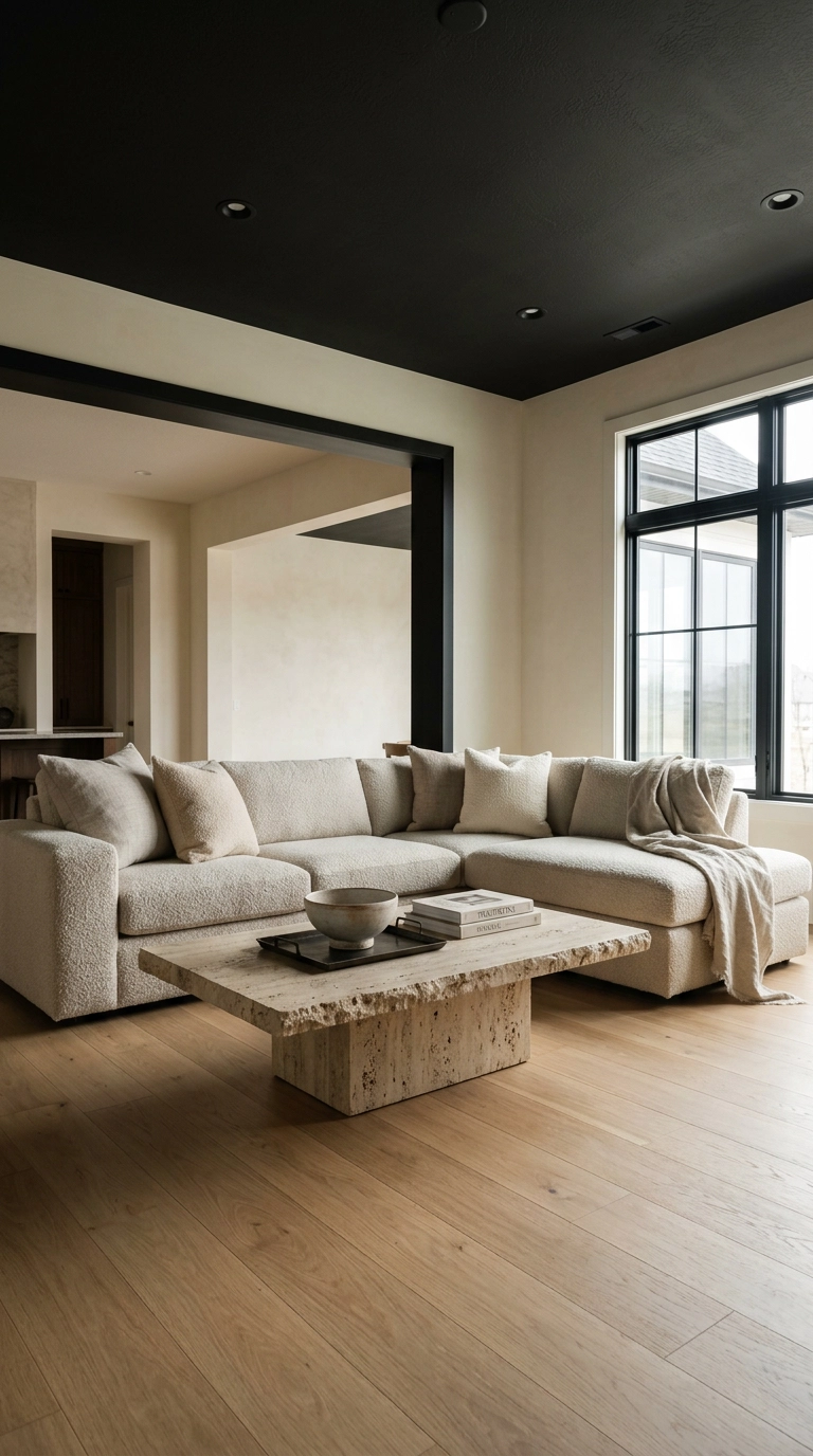 Large open living room with a soft black ceiling, ivory limewash walls, oatmeal boucle sectional and travertine table