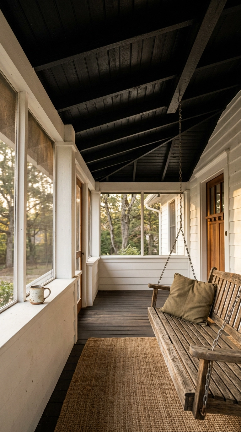 Screened porch with a flat black painted ceiling, white posts, teak swing and jute rug in late afternoon light
