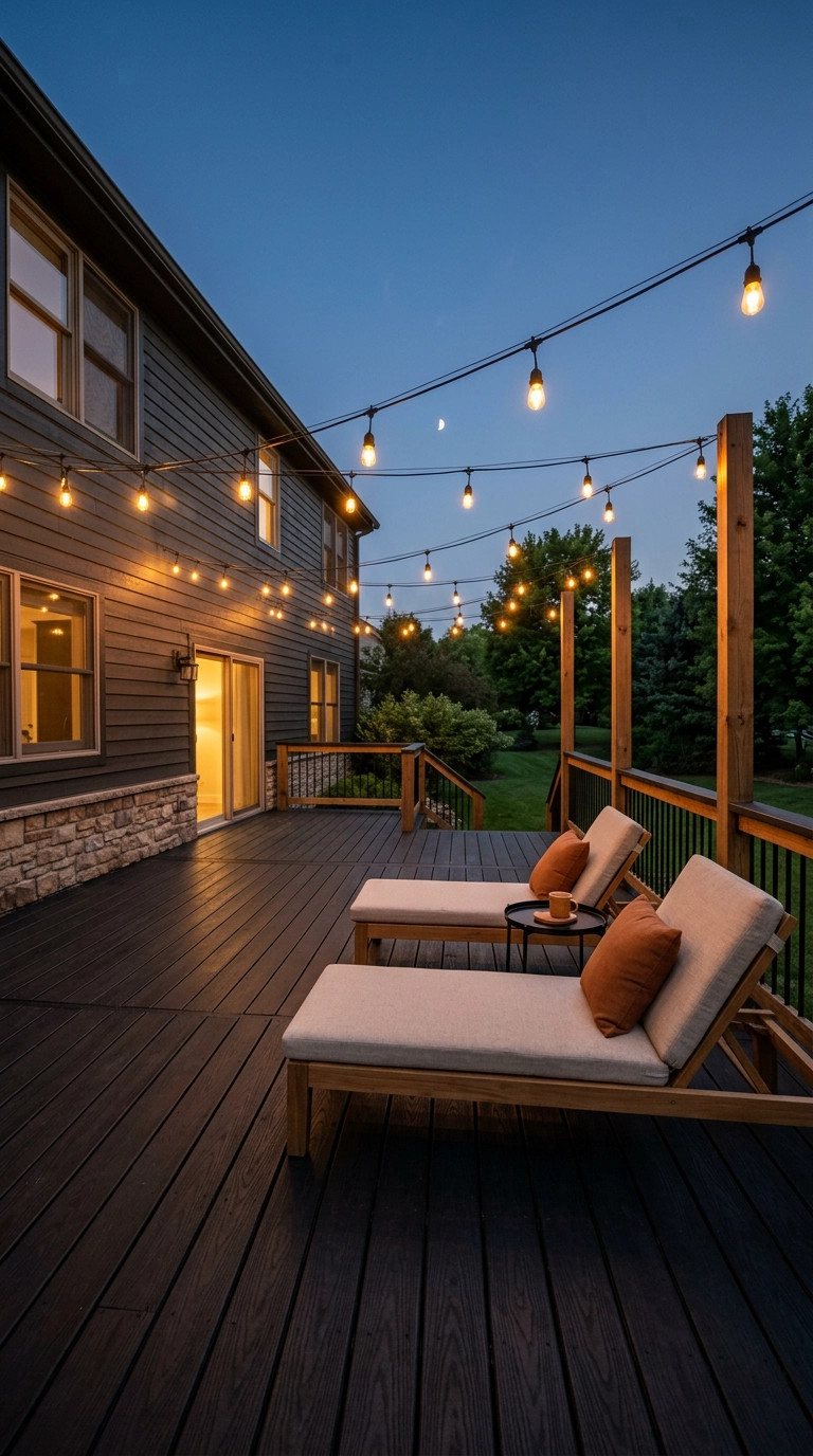 Black deck at dusk with warm string lights zigzagged overhead above teak lounge chairs