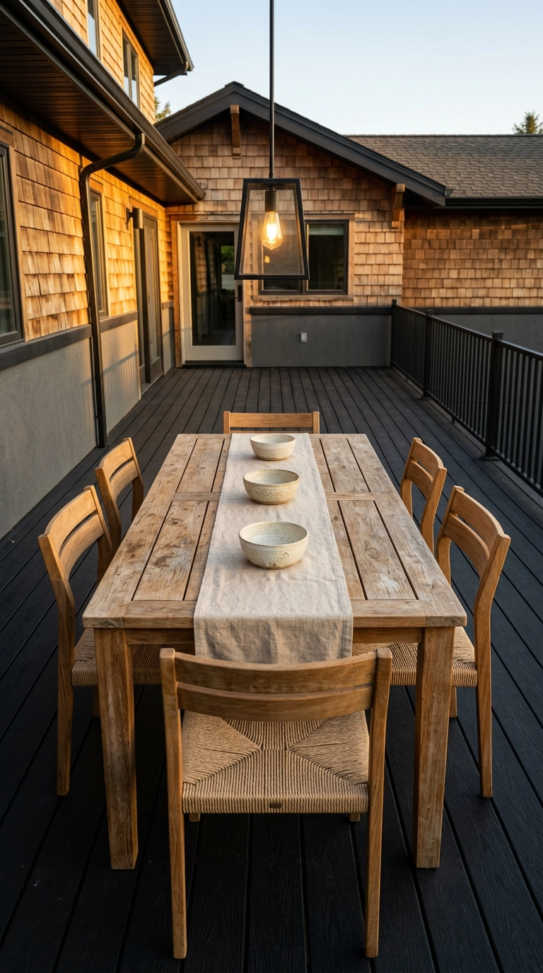 Honey teak outdoor dining table and woven chairs on a black deck at golden hour